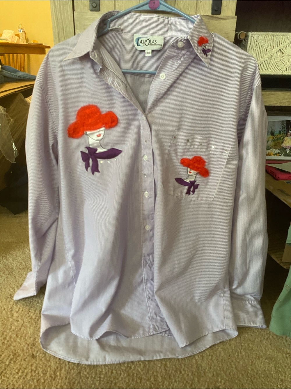 Vintage Las Olas Lavender Striped Button-Down Shirt with Red Hat Embroidery